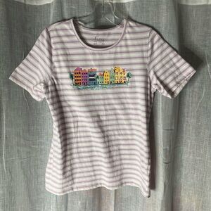 D&C Denim & Co. Lavender Stripe Graphic Tee House Print Size XS Cotton